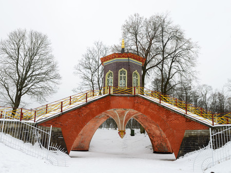 Chinese bridge in the Park,built of red brick.の写真素材