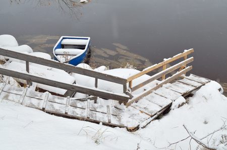 The stairs to the boat dock,cleared in winter of snow.の写真素材