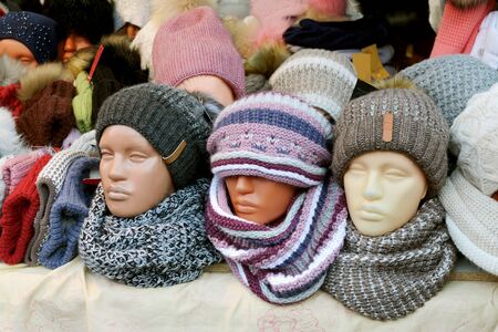 The market sold winter clothes and hats, and scarves.の写真素材