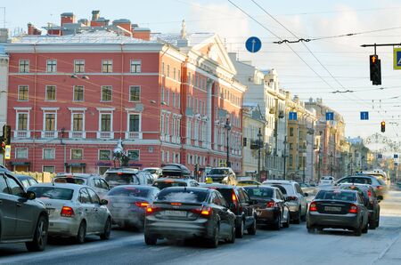 05.01.2017.Russia.Saint-Petersburg.View of the Central Avenue of the city.On the road moving cars.