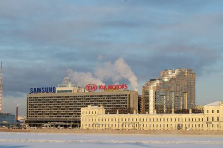 06.01.2017.Russia.Saint-Petersburg.Architecture in the new style.The names of famous companies on the facade of the buildings.のeditorial素材