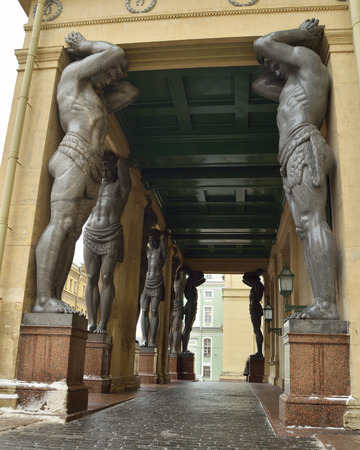 12.01.2017.Russia.Saint-Petersburg.The main entrance to the New Hermitage with sculptures of Atlantes.のeditorial素材