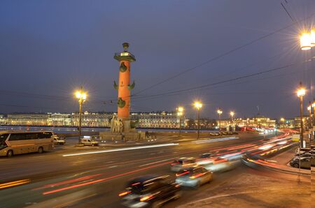 The lights of cars on city streets at night.の写真素材