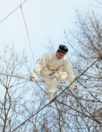 25.02.2017.Russia.Saint - Petersburg.Uzbek tightrope walkers perform at the festival of farewell to winter.のeditorial素材