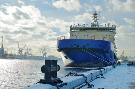 Large nuclear-powered icebreaker moored near the shore.のeditorial素材