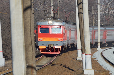 The landscape of the transportation zone .The train moves by rail.