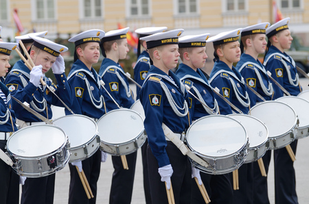 07.05.2017.Russia.Saint-Petersburg.Cadet musicians are taking part in the preparatory rehearsals for the parade on may 9,devoted to the Victory Day.のeditorial素材