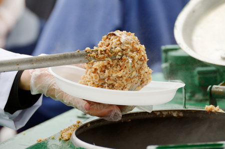 Portion of buckwheat in the army.Tasty and appetizing food for the soldiers.の写真素材