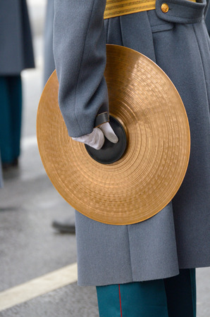 Soldiers of the military band stands in formation with musical plates.の写真素材
