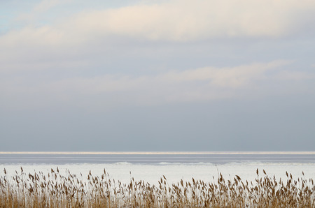 Winter landscape sea view.The water was covered with ice.Is cold and a hard frost.The sky hung pure clouds.の写真素材