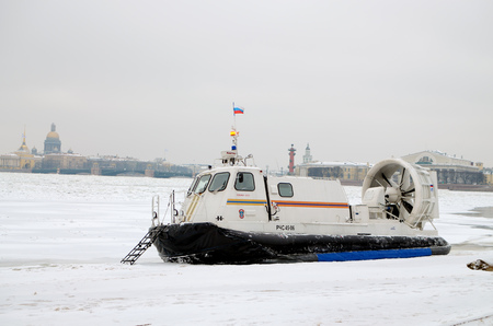 Saint-Petersburg.Russia.January.19.2018.The boat rescue service of Russia.The boat can work in hard-to-reach places.It can move on ice, land and water.Moving on a hovercraft.のeditorial素材