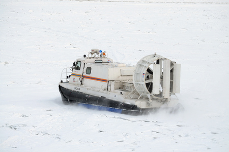 Saint-Petersburg.Russia.March.3.2018.The boat rescue service of Russia.The boat can work in hard-to-reach places.It can move on ice, land and water.Moving on a hovercraft.のeditorial素材