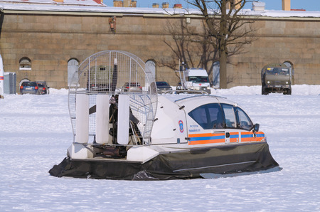 Saint-Petersburg.Russia.March.4.2018.The boat rescue service of Russia.The boat can work in hard-to-reach places.It can move on ice, land and water.Moving on a hovercraft.のeditorial素材