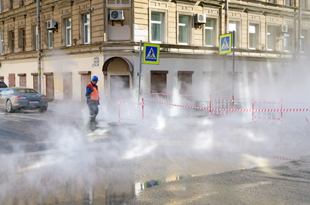 Saint-Petersburg.Russia.March.28.2018.There was a breakthrough of a heating main with hot water.The incident occurred on Stolyarnyy pereulok near Sennaya square.のeditorial素材