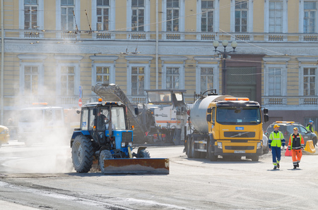 Saint-Petersburg.Russia.April.14.2018.Nevsky prospect.Work is underway on the laying of the road...