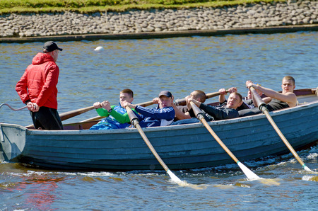 Saint-Petersburg.Russia. may.09.2018.Neva River.Sailors compete on rowing boats.The crews of the boats consist of young and strong mariner .The strongest team wins.のeditorial素材