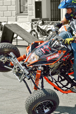 Saint-Petersburg.Russia.may.26.2018. Manege square.motorcycle festival .The rider on the ATV shows risky stunts.The driver has a high level of training.のeditorial素材