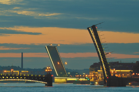 In summer, during navigation ,the city's open bridges for the passage of vessels.Traffic and people across the bridge is prohibited.の写真素材