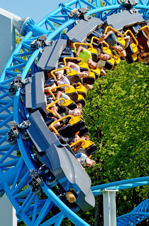 Saint-Petersburg.Russia. July.12.2018. Kresovsky island.Divo island Park.A popular attraction is the Russian roller coaster.It is a railway system of special design.Passengers traveling in railcar at high speed.のeditorial素材