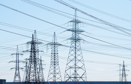 Electric current transmission line.Designed for power transmission.It takes place in the under construction area of the city.の写真素材