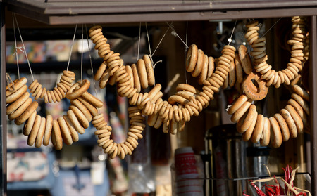 dried bagels are sold in a stall.Delicious food for tea.の写真素材