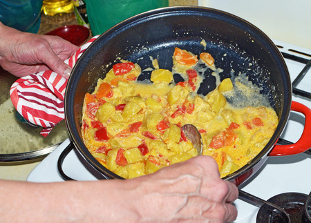 The hostess puts out the vegetables on a gas stove.It turned out a high-calorie dish rich in vitamins.の写真素材