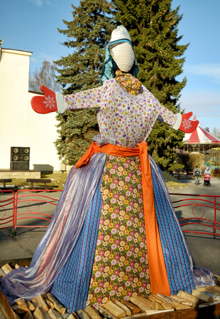 Straw doll is burned at the holiday farewell to winter.This Slavic holiday is called Maslenitsa.の写真素材