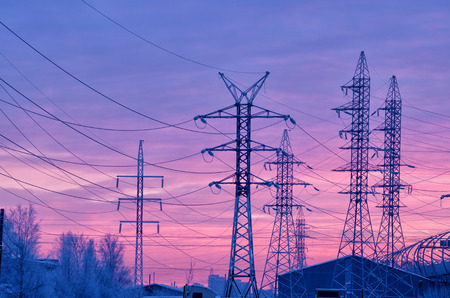 Electric current transmission line.Designed for power transmission.It takes place in the under construction area of the city.の写真素材