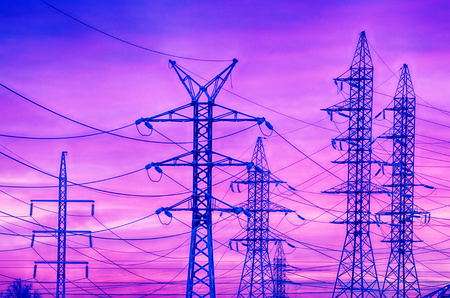 Electric current transmission line.Designed for power transmission.It takes place in the under construction area of the city.の写真素材