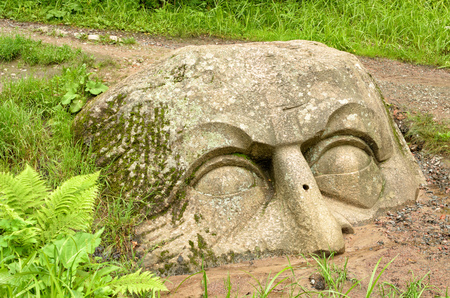 Stone head of unknown origin.Is in the forest half in earth.の写真素材
