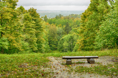 Natural landscape from the height of the hill.Sitting on a bench, observe the beautiful views.の写真素材