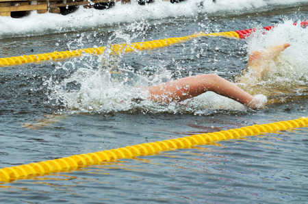 Lovers of winter swimming.Swimmer swims in the pool.He swims the distance at speed.の写真素材