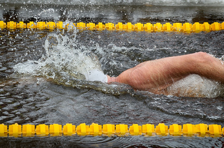 Lovers of winter swimming.Swimmer swims in the pool.He swims the distance at speed.の写真素材