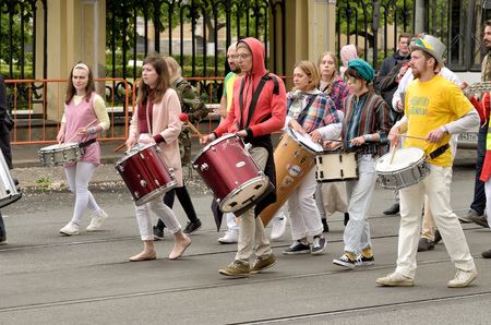 Saint-Petersburg.Russia.May.26. 2019.St. Petersburg Birthday Celebration.Various activities and entertainment were held.There was a march of drummers from different bands.のeditorial素材
