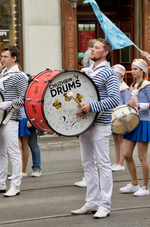 Saint-Petersburg.Russia.May.26. 2019.St. Petersburg Birthday Celebration.Various activities and entertainment were held.There was a march of drummers from different bands.のeditorial素材