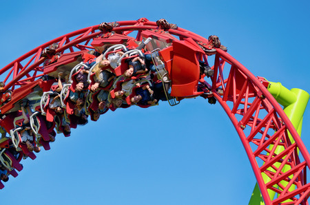 Saint-Petersburg.Russia. July.12.2018. Kresovsky island.Divo island Park.A popular attraction is the Russian roller coaster.It is a railway system of special design.Passengers traveling in railcar at high speed.のeditorial素材