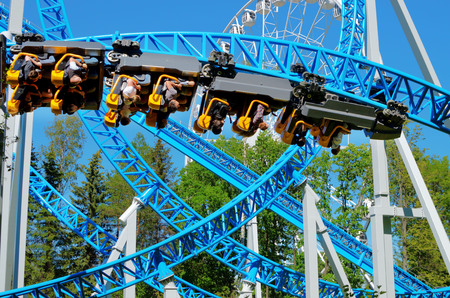 Saint-Petersburg.Russia.June 23.2019. Kresovsky island.Divo island Park.A popular attraction is the Russian roller coaster.It is a railway system of special design.Passengers traveling in railcar at high speed.のeditorial素材