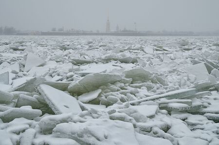 It's a cold and frosty winter.The Bay is covered with ice.の写真素材
