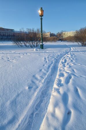 A path in the snow trodden by people.It is cold and snowy in winter.の写真素材
