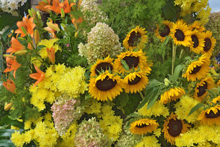 Bright flower arrangement.There are beautiful sunflowers in the center of the bouquet.の写真素材
