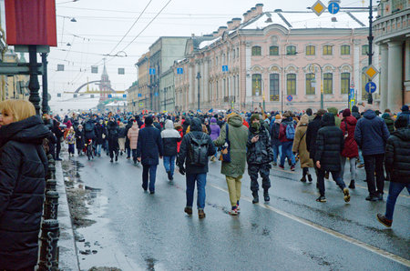 Russia. St. Petersburg. January 23.2021.Rally in support of Alexei Navalny.People demand the release of the oppositionist. he was arrested after arriving from Germany. The procession takes place along Nevsky Prospect.のeditorial素材