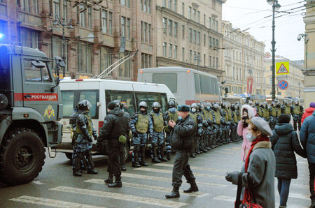 Russia. St. Petersburg. January 23.2021.Rally in support of Alexei Navalny.People demand the release of the oppositionist. he was arrested after arriving from Germany. The procession takes place along Nevsky Prospect.のeditorial素材