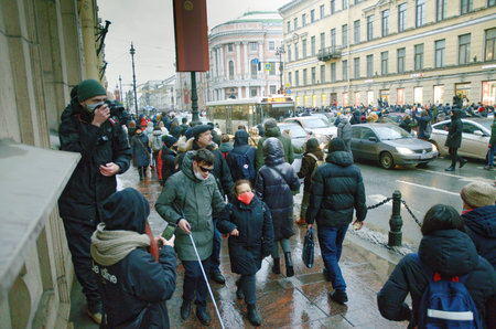 Russia. St. Petersburg. January 23.2021.Rally in support of Alexei Navalny.People demand the release of the oppositionist. he was arrested after arriving from Germany. The procession takes place along Nevsky Prospect.のeditorial素材