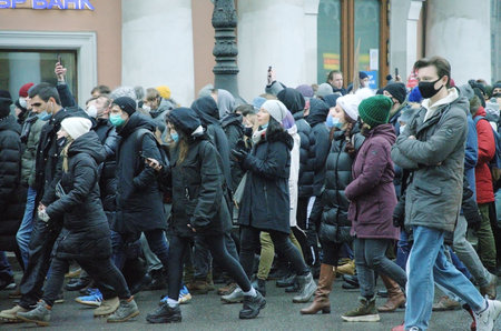 Russia. St. Petersburg. January 23.2021.Rally in support of Alexei Navalny.People demand the release of the oppositionist. he was arrested after arriving from Germany. The procession takes place along Nevsky Prospect.のeditorial素材