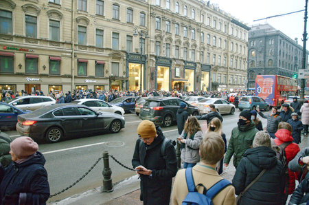 Russia. St. Petersburg. January 23.2021.Rally in support of Alexei Navalny.People demand the release of the oppositionist. he was arrested after arriving from Germany. The procession takes place along Nevsky Prospect.のeditorial素材