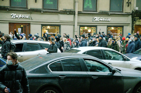Russia. St. Petersburg. January 23.2021.Rally in support of Alexei Navalny.People demand the release of the oppositionist. he was arrested after arriving from Germany. The procession takes place along Nevsky Prospect.のeditorial素材