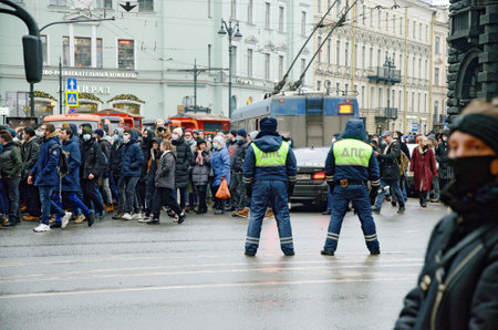 Russia. St. Petersburg. January 23.2021.Rally in support of Alexei Navalny.People demand the release of the oppositionist. he was arrested after arriving from Germany. The procession takes place along Nevsky Prospect.のeditorial素材