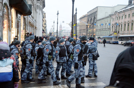 Russia. St. Petersburg. January 23.2021.Rally in support of Alexei Navalny.People demand the release of the oppositionist. he was arrested after arriving from Germany. The procession takes place along Nevsky Prospect.のeditorial素材