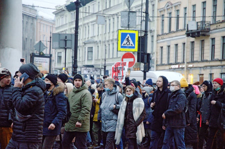 Russia. St. Petersburg. January 23.2021.Rally in support of Alexei Navalny.People demand the release of the oppositionist. he was arrested after arriving from Germany. The procession takes place along Nevsky Prospect.のeditorial素材