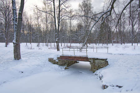 Winter landscape in the forest. The old bridge stands on a frozen river.の写真素材
